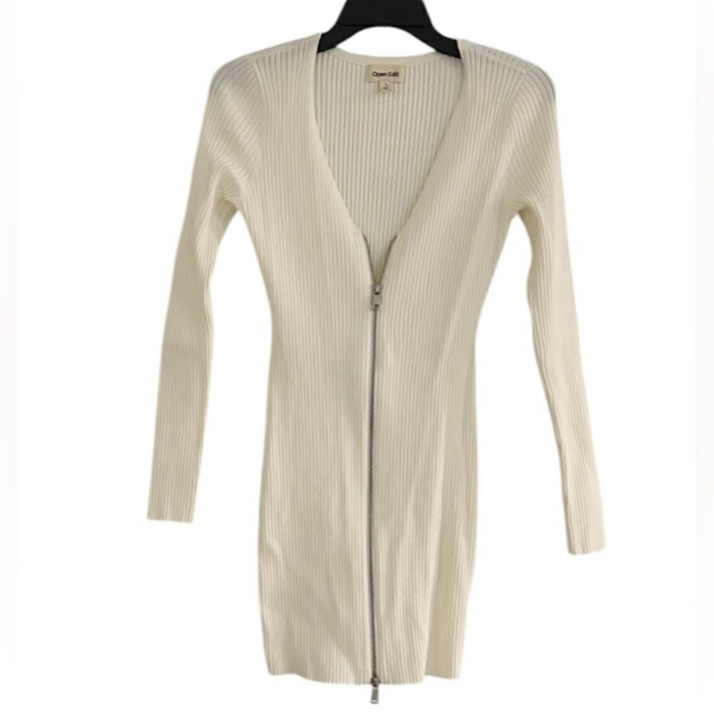 Open Edit Nordstrom White Ribbed Long Sleeve Zip Front Sweater Mini Dress Small